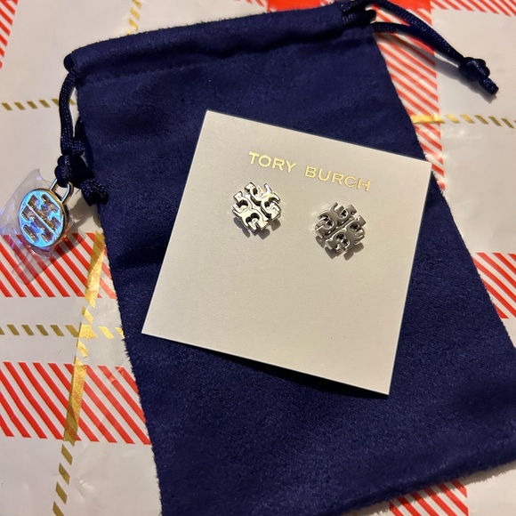 Tory Burch Small T Logo Stud Earrings Silver New for Holiday - Picture 2 of 3